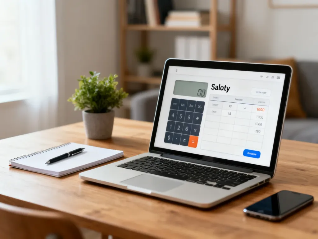 Laptop z kalkulatorem wynagrodzeń na biurku w domowym biurze, obok notatnik i telefon, przytulne, profesjonalne wnętrze