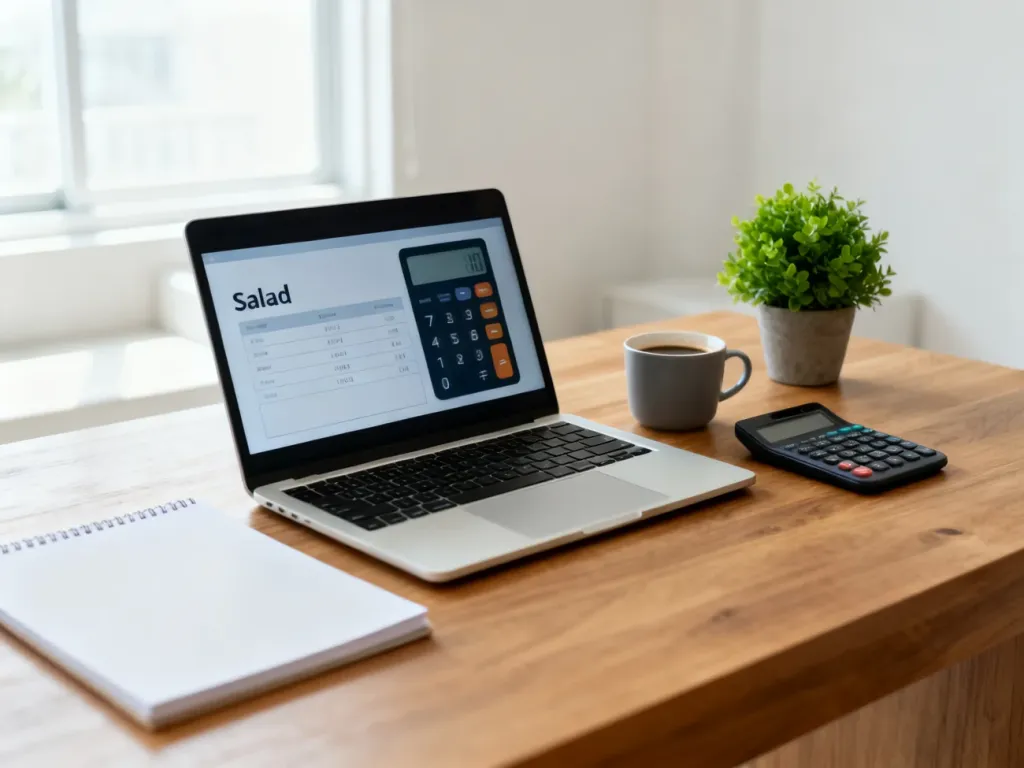 Laptop z prostym kalkulatorem wynagrodzeń na biurku w domowym biurze, obok notes, kalkulator, kawa i roślina.